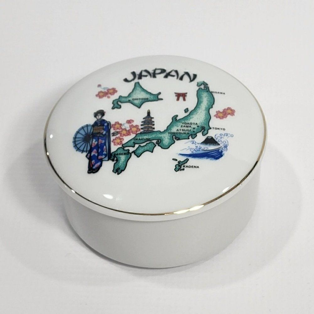 ‎Porcelain Japan 2" x 3.5" Map Round Trinket Box